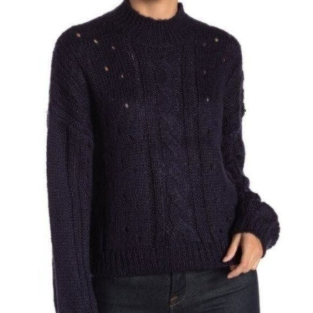 Abound | Fuzzy Pointelle Open Chunky Knit Crewneck Sweater Navy